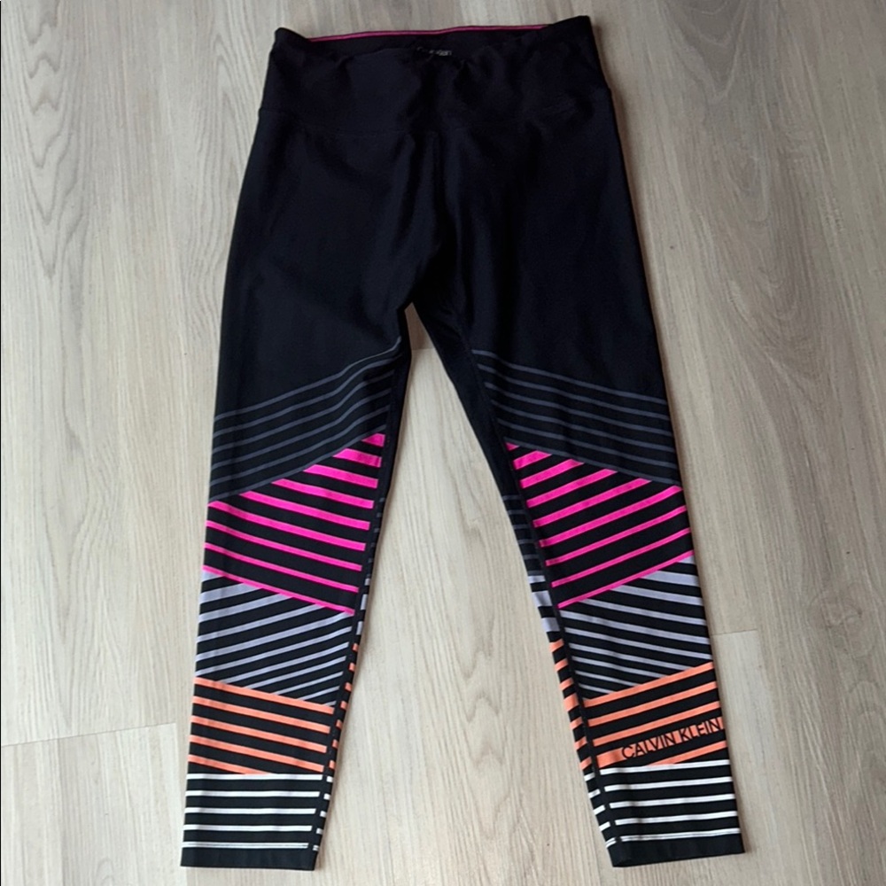 Calvin Klein Performance Wick Leggings Black M Statement Stripes Athletic Gym